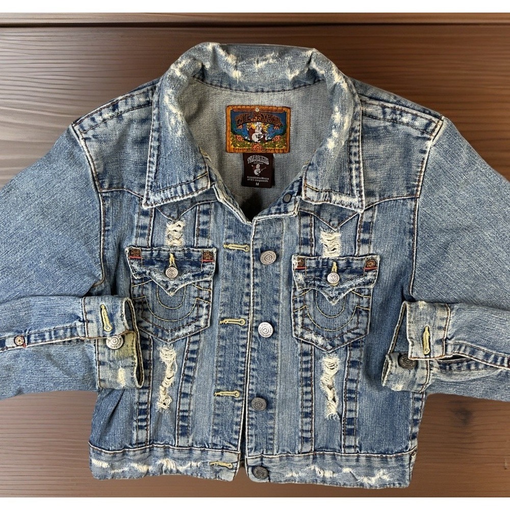 True Religion Denim Jean Jacket Womens M World Tour Distressed Vintage Blue Y2K